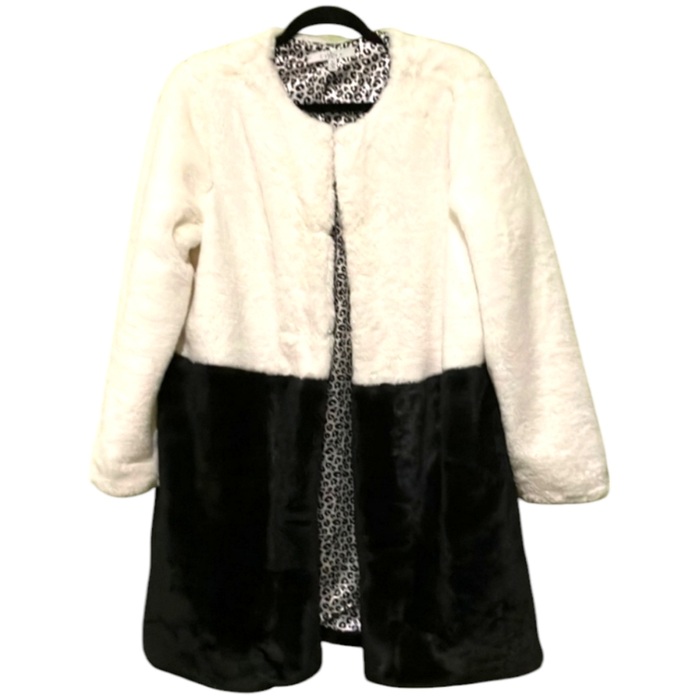 Fever‎ Colorblock white/black Faux Fur coat size Large Animal Print Lined - Picture 7 of 7